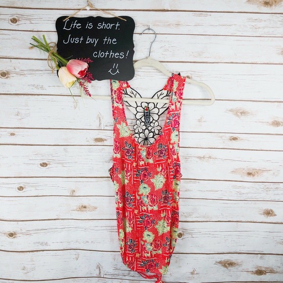Free People Tops - Free People Top Size S Floral Racerback Sleeveless Scoop Side Ties Coral Pink